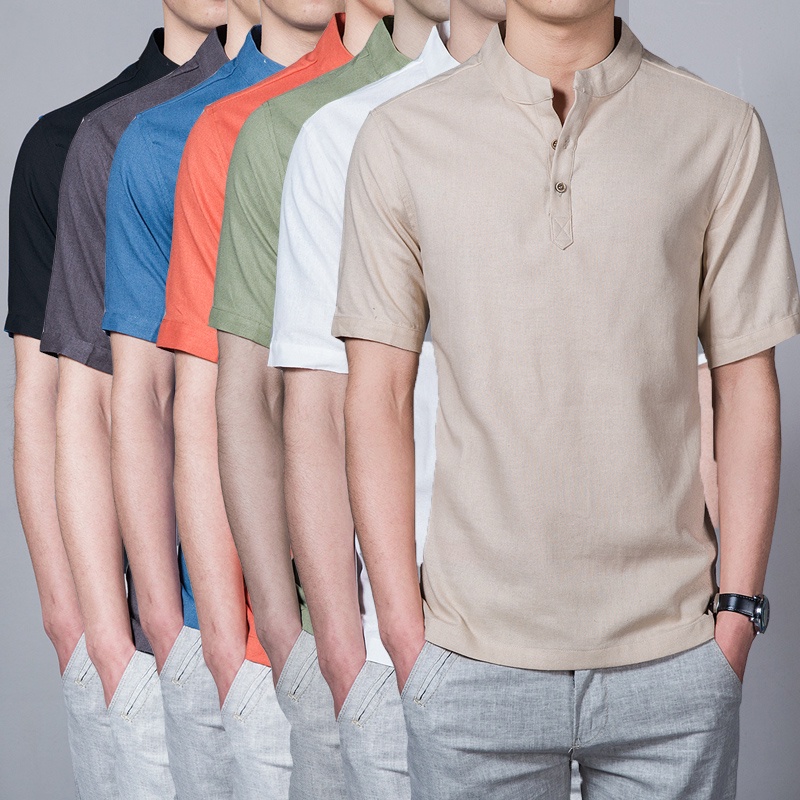 M-5XL Summer Tops Male Tees Shirts Men's Clothing Linen Shirt Men's Short sleeved Solid Half placket Stand collar Large size