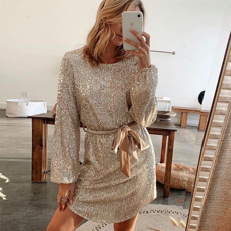 Rose Gold Sequin Cocktail Dress Women Slim Fit Lantern Sleeve Round Neck Belt Elegant Mini 9151