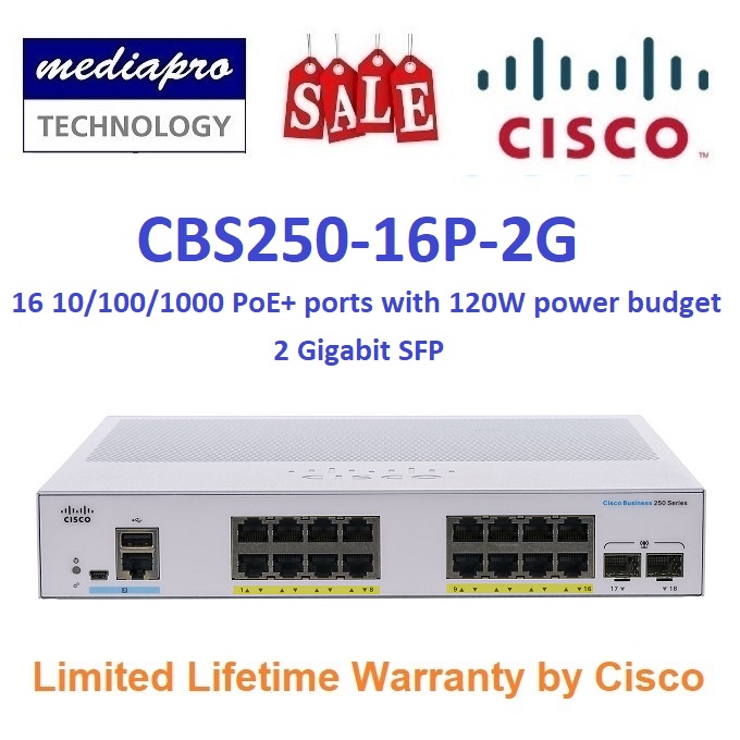 CISCO CBS250-16P-2G Smart 16-port PoE+ Gigabit Switch (Max 120W) & 2 ...