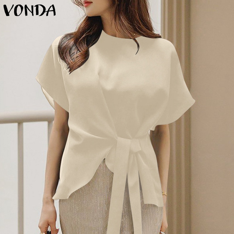 Vonda Women Korean Short Sleeve Crew Neck Casual Solid Color Tunic