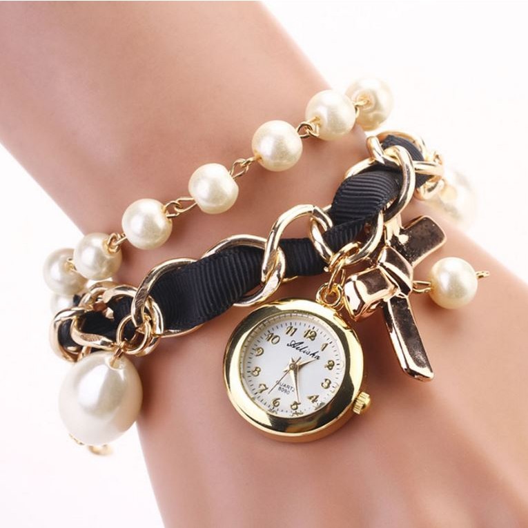 Black Ladies Dress Watch Fashion Watch Bracelet Wrist Watch Pearl