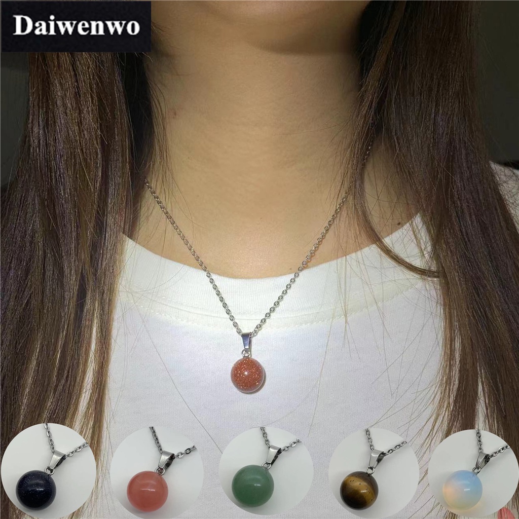 19 Types Natural Stone 14mm Round Alloy Chain Pendant Necklace for