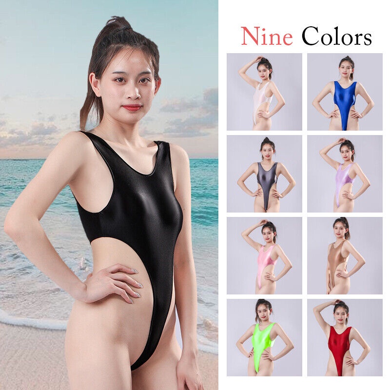 one-piece swimsuit Swimwear Jumpsuit women's bikini High Cut Thong Leotard  short sleeve Oil Shiny Leotard Hollow Back Tops M/L