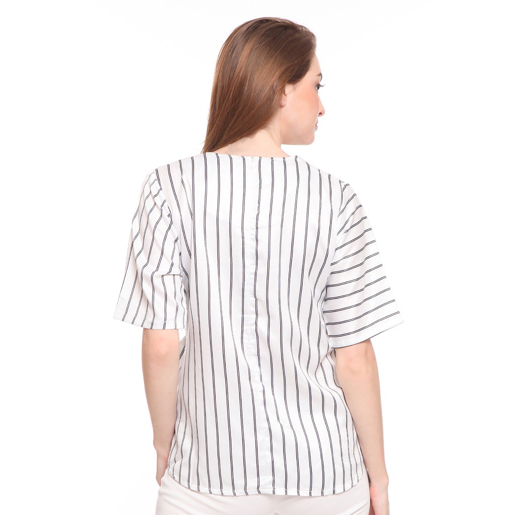 Basix - Caroline Two Toned Black & White Blouse - Atasan Satin Stripe - Gambar 2