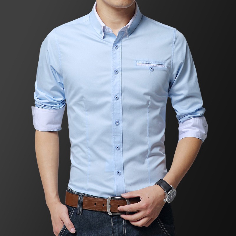 Formal Shirt Men Business Casual Slim Fit Top Blue Khaki Long Sleeve ...