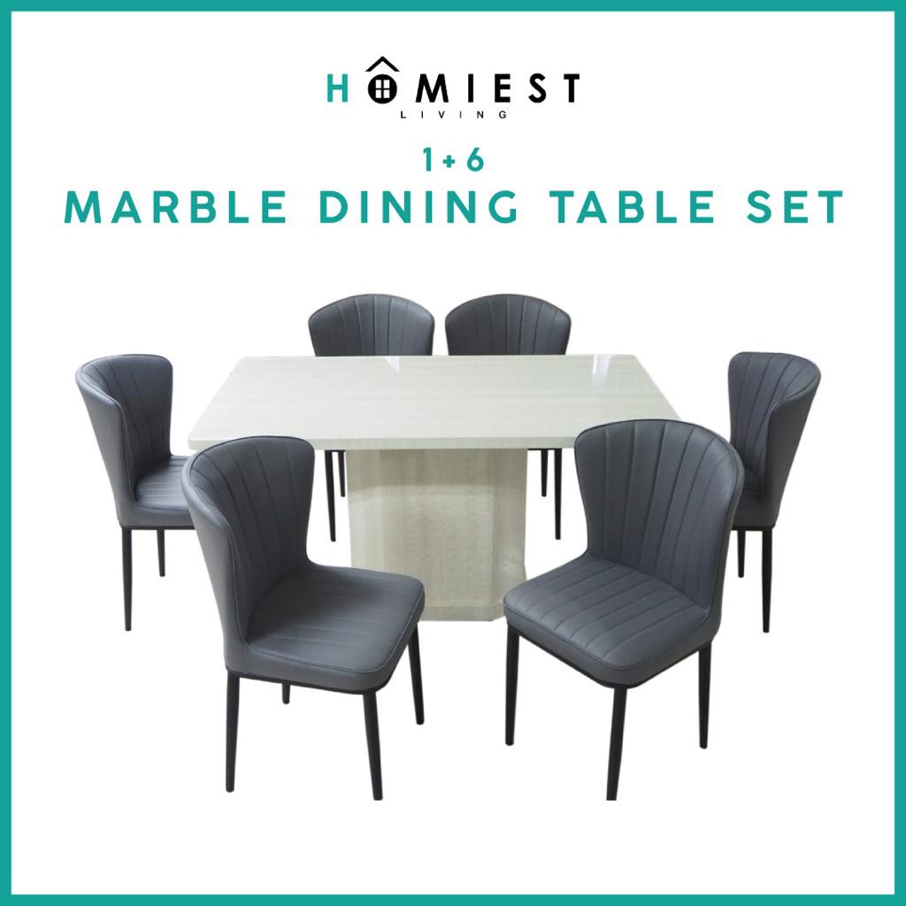 [HOMIEST] LUGANO 140CM Natural Coating Marble Dining Set / Grey Fabric Cushion Dining Chairs