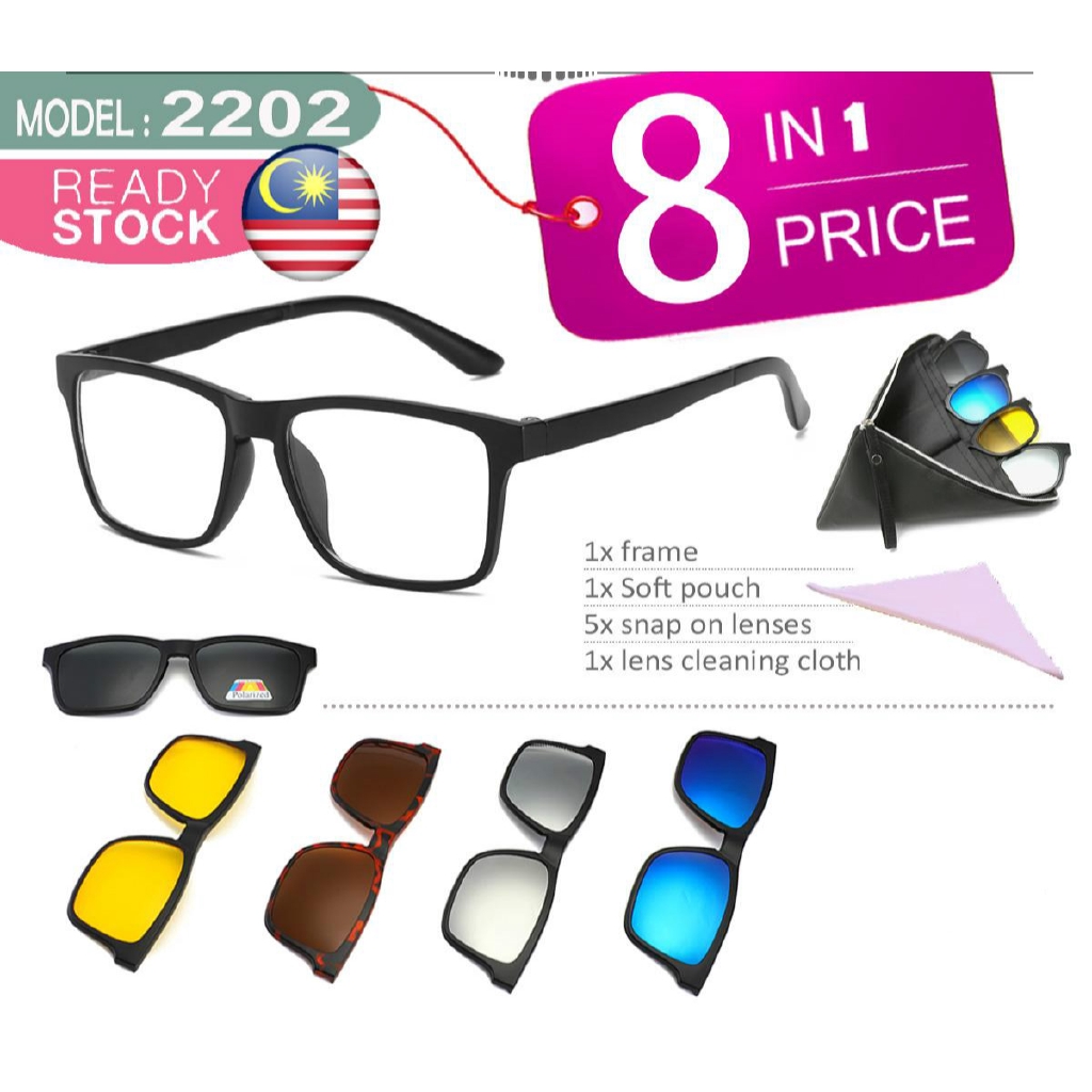 8 in 1 Sunglasses (2202A) Clip On Spectacle Snap On Glasses