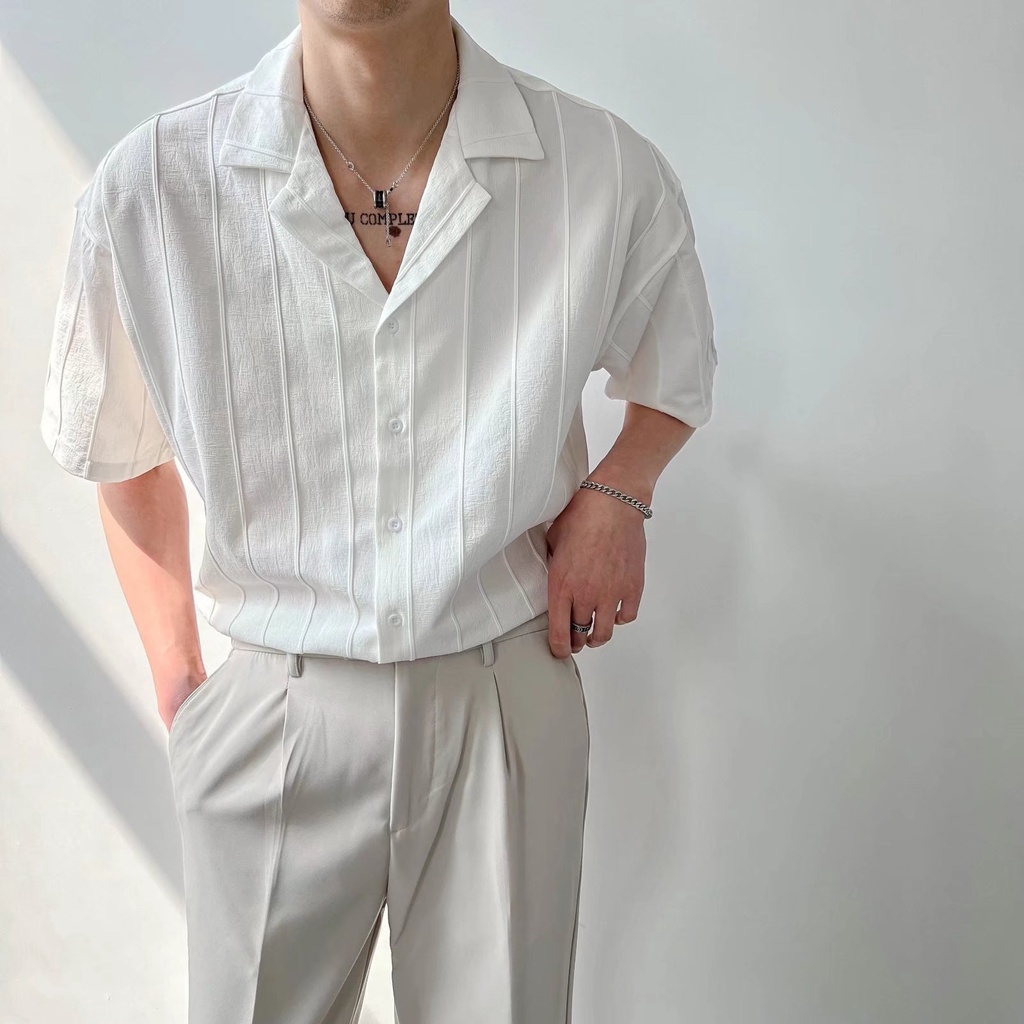 Cuban Collar Non-Ironing Vertical Stripes Theory Design Fabric Men's Half Short-Sleeved Shirt Loose High-