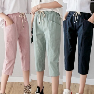 Womens Capri Pants Plus Size for Summer Solid Elastic Waist Drawstring  Loose Pants with Pockets Comfy Soft Midi Pants