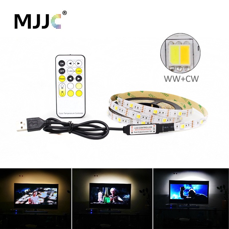 USB LED Strip Light 5V Dual White Dimmable 5050 RF Remote Backlight TV ...