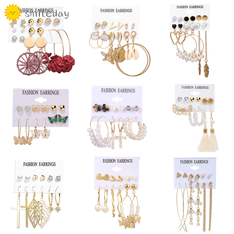 Fashion Bohemia Long Drop Earrings Set Gold Flower Geometric Hollow Earring Women Girls Jewelry Accessory Gift