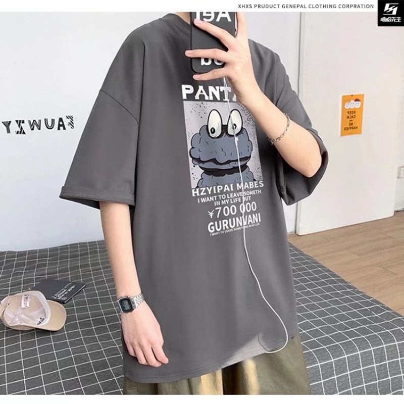 M-5XL Summer Korean Fashion Men's Short Sleeved T-shirt Bounty Print Round Neck Oversized Shirt For Man Loose Graphic Tops Plus Size Clothing Black White