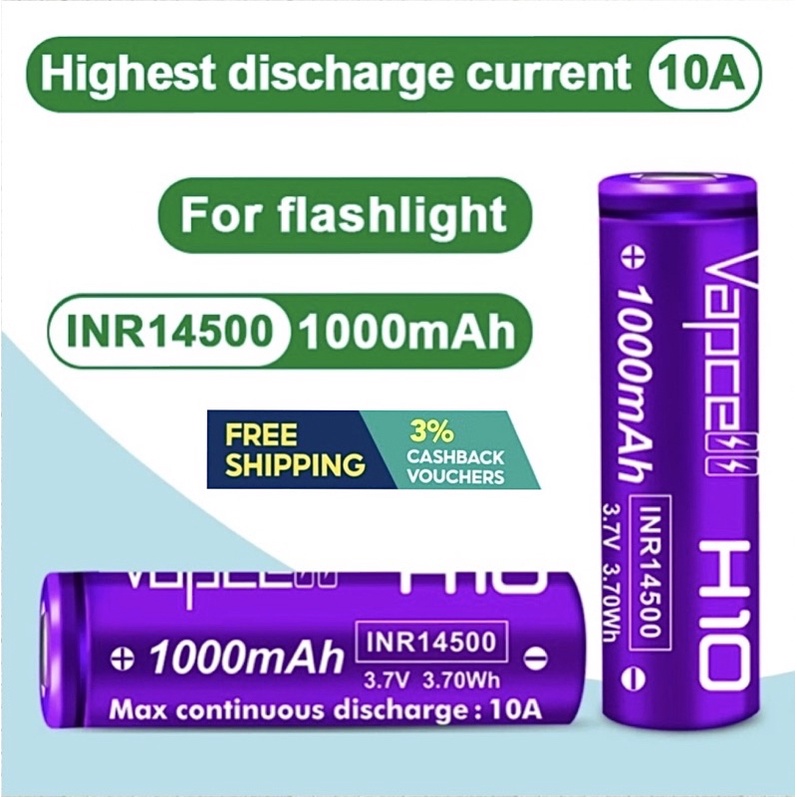 Vapcell 14500 H10 1000mah 10a 37v High Drain Li Ion Rechargeable Battery Shopee Singapore 8865