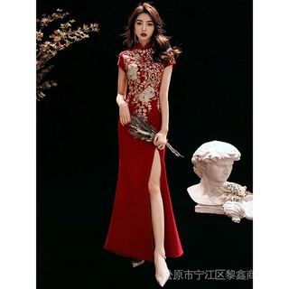 High Quality Noble Chinese Style Red Evening Cheongsam Dress Chic