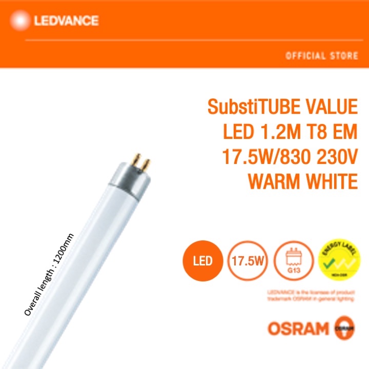 OSRAM LED SubstiTUBE T8 ST8V EM 17.5W 1.2M 3000K 4000K 6500K ONLY SUITABLE for Single Ended Cabling Shopee Singapore