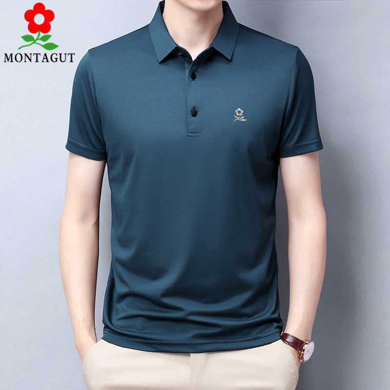 Montagut Summer Men Short Sleeve Solid Color T Shirt Collar Round Neck ...
