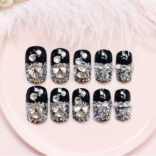 24Pcs Aurora Effect Fashionable Detachable Jade Green Flash Diamond  Wearable Temperament Finished Fake Nails With Glue 