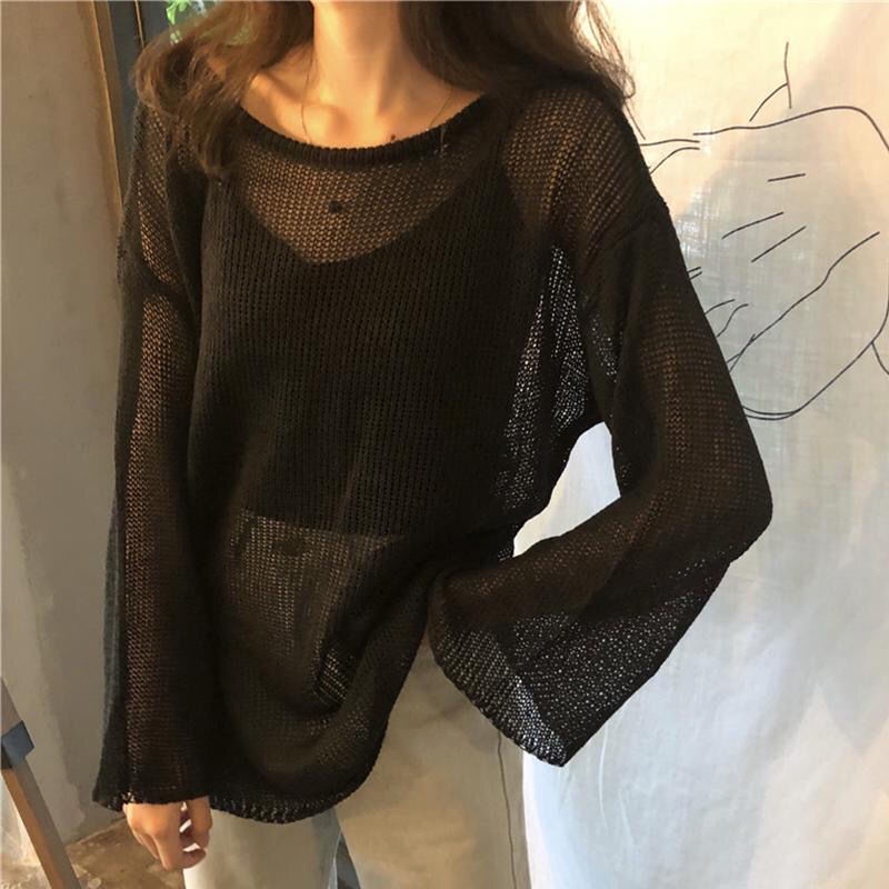 Ice silk openwork sun protection clothing knitted blouse women.冰丝镂空防晒衣针织罩衫女薄款韩版宽松学生长袖上衣女9.12