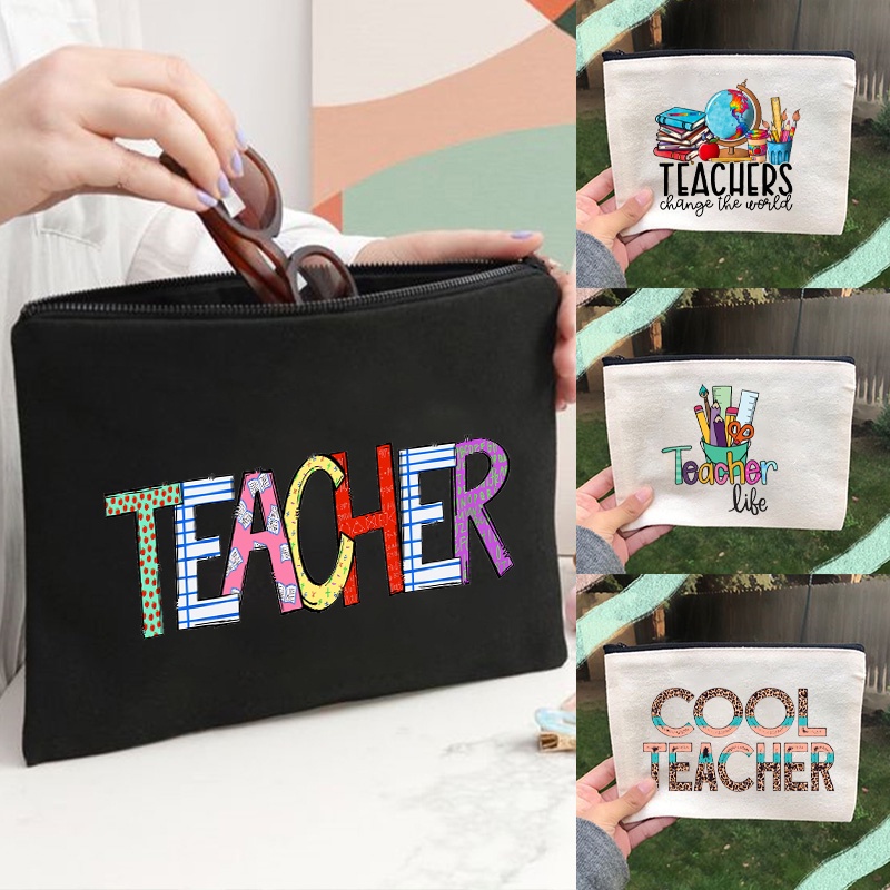 Teacher Life Pattern Canvas Pouch Teacher Pencil Storage Bags Makeup ...