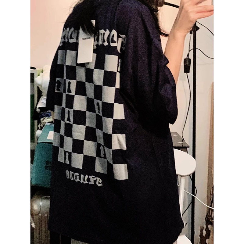 2022 New Japanese Women's T-shirt Personalized Checkerboard Print Summer Oversize Loose Female Fashion Short Sleeve Clothing Harajuku Round Neck Student Tops