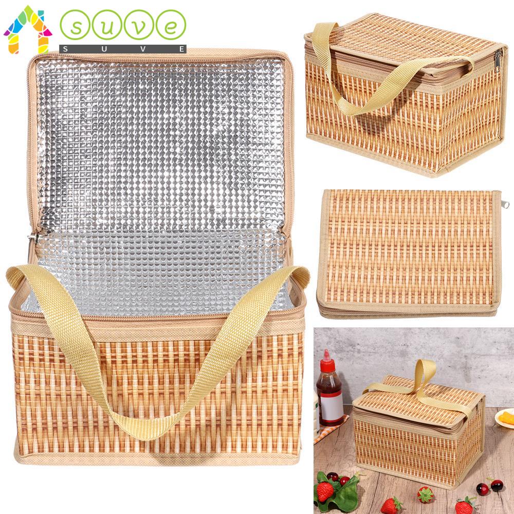 SUVE Wicker Picnic Basket Straw Handbag Keep Warm Woven Insulated