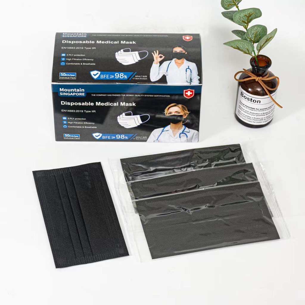 [SG BRAND]MOUNTAIN Medical Mask-BOTH SIDE BLACK- BFE 98%-3 PLY, 50pcs ...