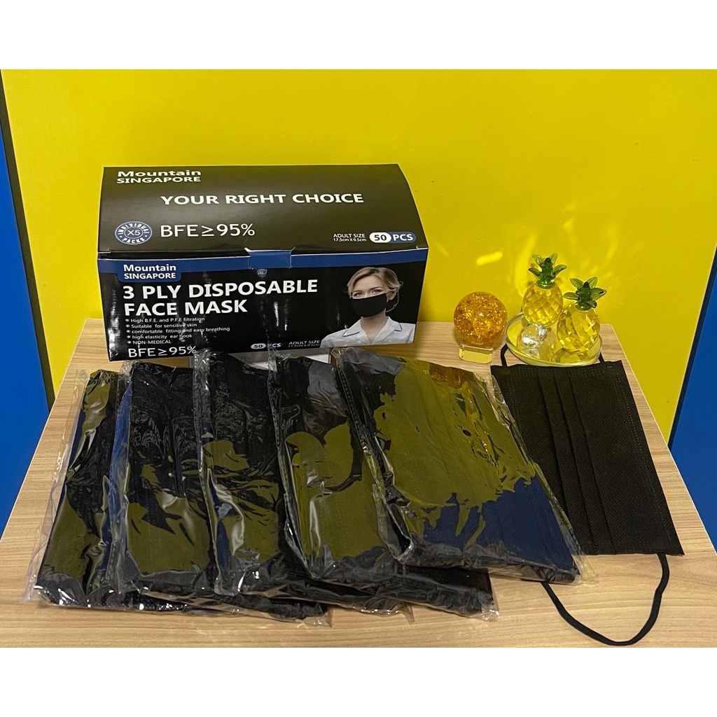 MOUNTAIN SG MASK -3 PLY BFE>95% - BLACK DISPOSAL FACE MASK- | Shopee ...