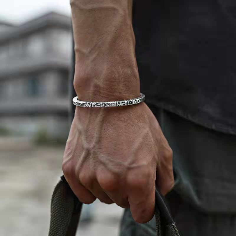 2022 Hot silver 925 Bracelet engrave Totem Cuff Bangle for Men Women Simple Ethnic Style Couple Bracelet Lucky Jewelry