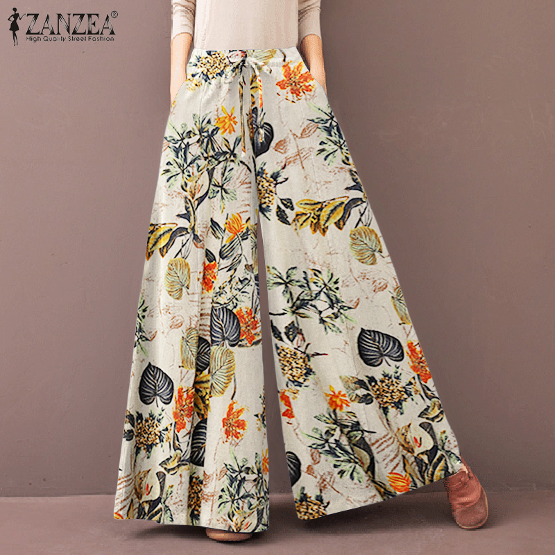 ZANZEA Women Casual Drawstring Waist Flare Wide Leg Printed Pants