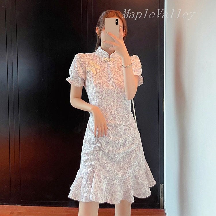 Chinese Style Cheongsam Ruffle Mermaid Cheongsam Hem Floral Print Cheongsam Women s Shopee Singapore