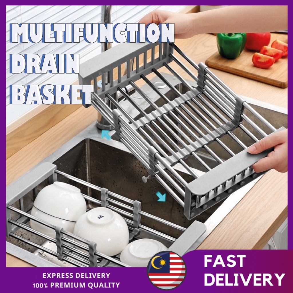 Adjustable Stainless Steel Sink Drain Basket Shelf Kitchen Dish Rack ...