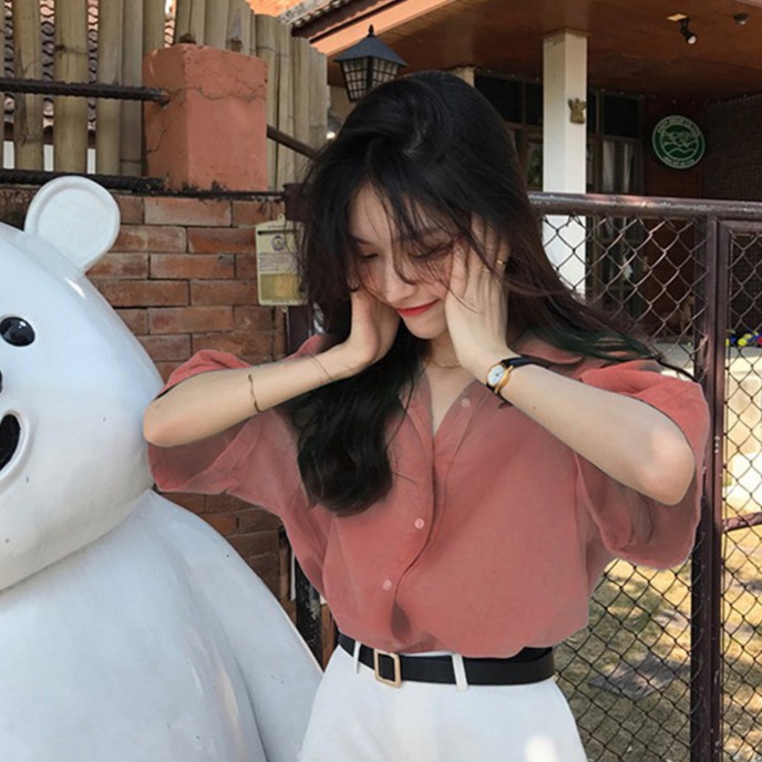 Solid Color Loose Slimmer Look Half-Sleeved Shirt Korean Version Lapel Top Girls Clothing Plus Size Clothes Must