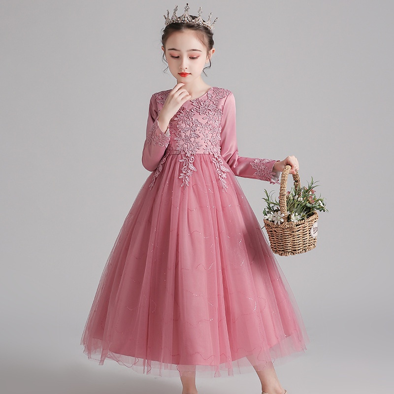 Girls Princess Long Sleeve Dress Kids Wedding Bridesmaid Flower Clothes ...