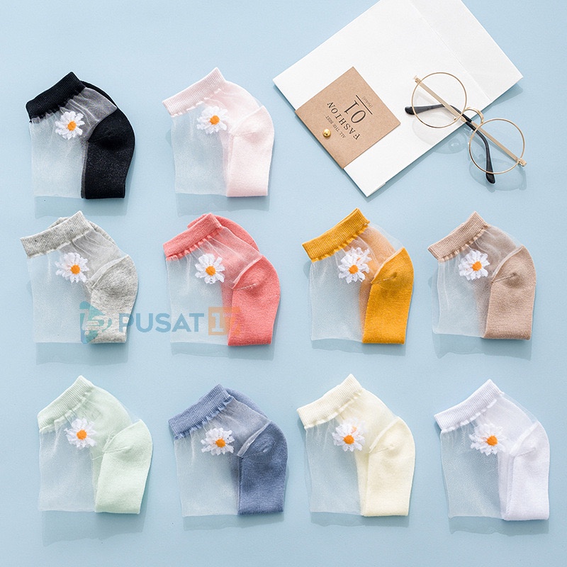 PUSAT17 KAOS KAKI TRANSPARAN MOTIF BUNGA DAISY / KAOS KAKI WANITA PENDEK KOREA / KAOS KAKI FASHION ANAK DAN DEWASA / ANKLE SOCKS - Gambar 2