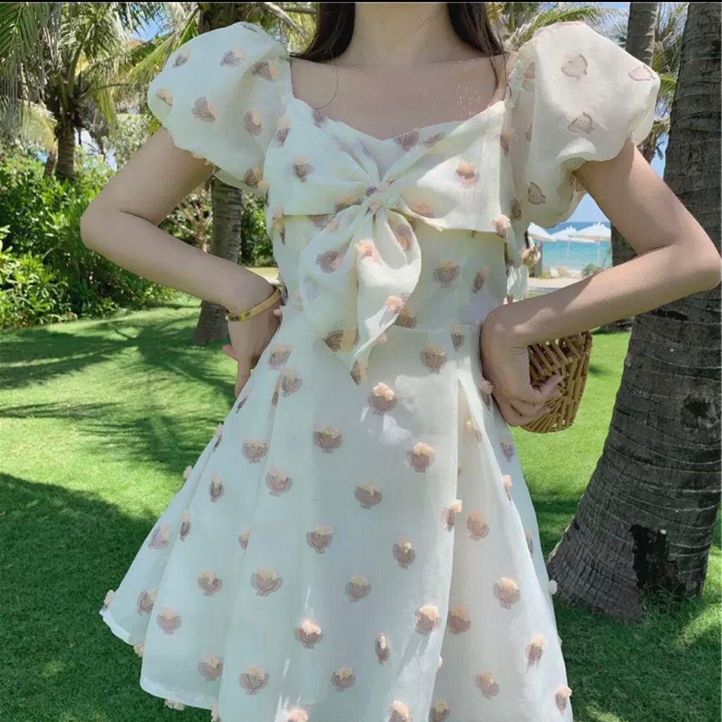 Cute french white puffy floral dress Shopee Singapore