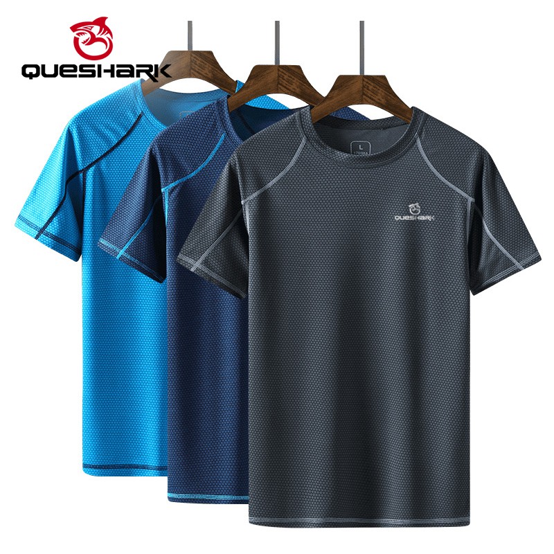 QUESHARK Professional Men Quick Dry Running T Shirt Loose Tops Breathable Gym Camping Hiking Cycling T-shirts Tees M-8XL Size