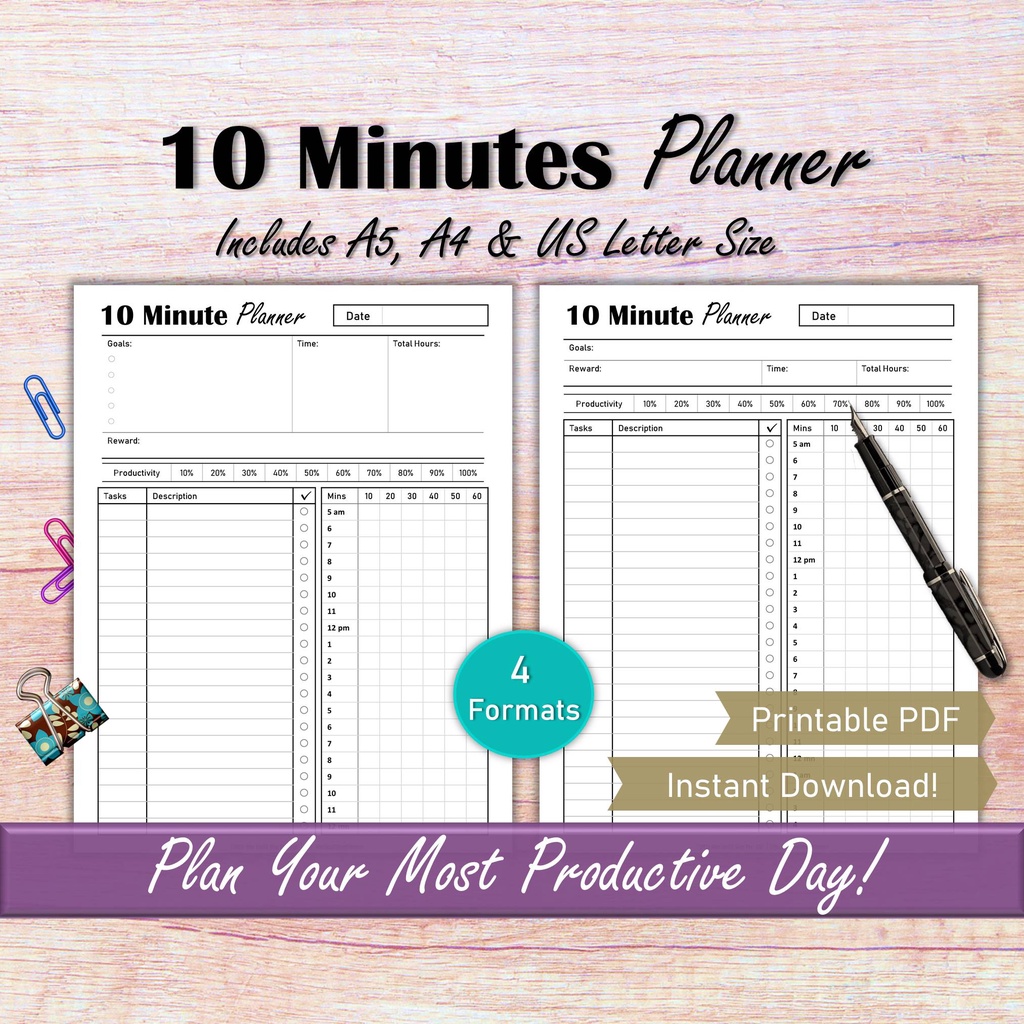 10 Minutes Hourly Planner Printable Time Management Pomodoro Planner Daily Time Blocking 24 4286