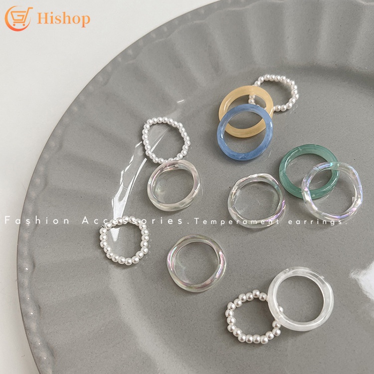 Colored Resin Rings for Women Pearl Ring Set Jewelry Fashion Accessories