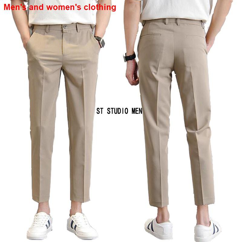 Spring Summer Suit Pants Men Stretch Business Elastic Waist Slim Ankle  Length Pant Korean Thin Trousers Male Large Size 40 42 Size: 27, Color:  Black-Long