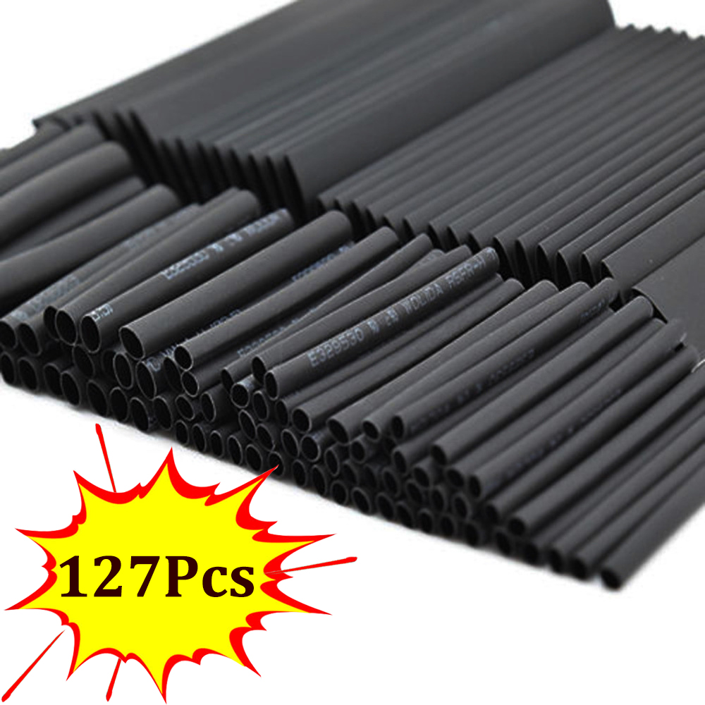 127Pcs 7 Sizes Set Heat Shrink Tubing Ratio 2:1 / Heat Shrink Electrical Wire Cable Wrap / Assortment Electric Insulation Heat Shrink Tube Kit /  Long Lasting Insulation Protection / Black Weatherproo