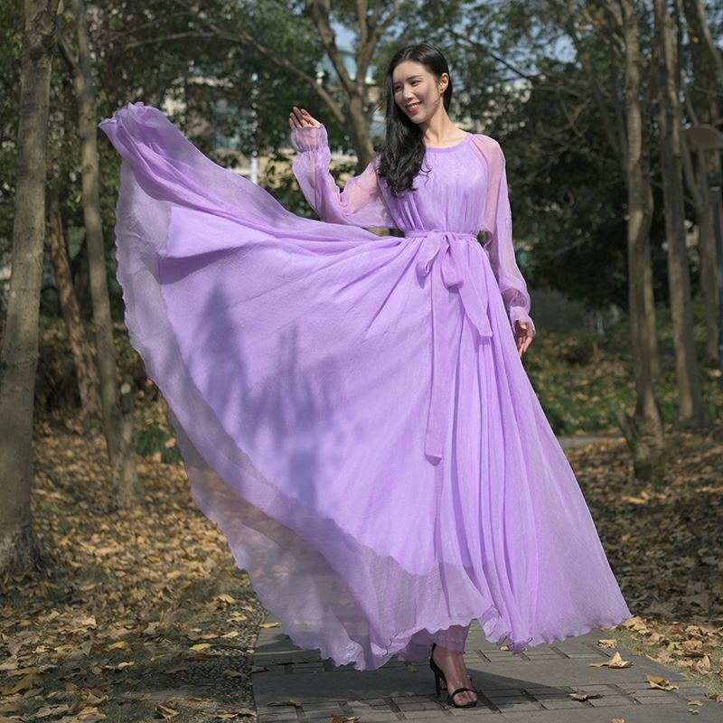 Large Swing Type Long Loose Waist Lotus Leaf Sleeve Chiffon Dress