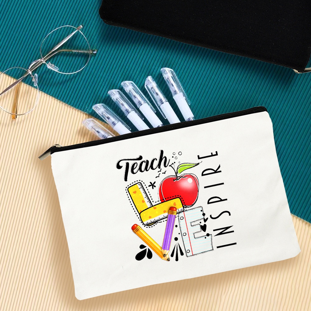 Teacher Love Inspire Print Canvas Bag Pencil Pouch Coin Purse Storage ...