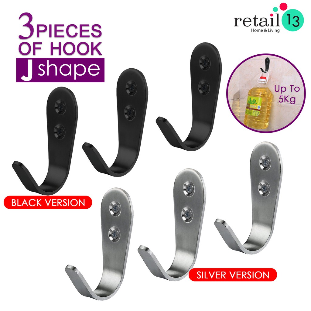 3 Pieces Heavy Duty J Shape Wall Hook Stainless Steel RETAIL13