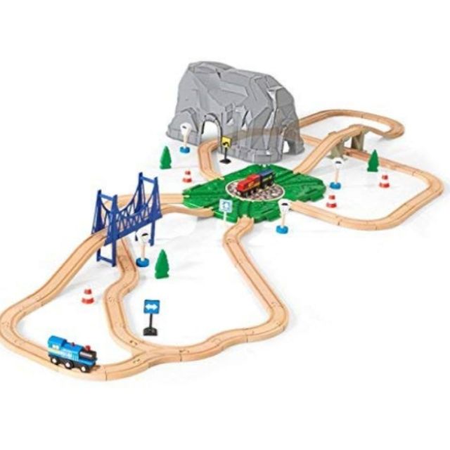 Imagination Express Big Mountain Train Set with 20 Feet Wooden Tracks Train Set with Storage Tub