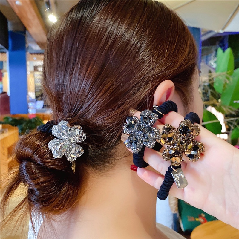 Female High-grade Geometric Hair Rope Sparkly Four-leaf Flower Hair Tie ...