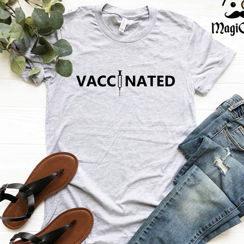 2021 Vaccinated Funny Letters Printed Women T Shirts Summer Fashion Short Sleeve Tops Girls Clothing White Black Tees