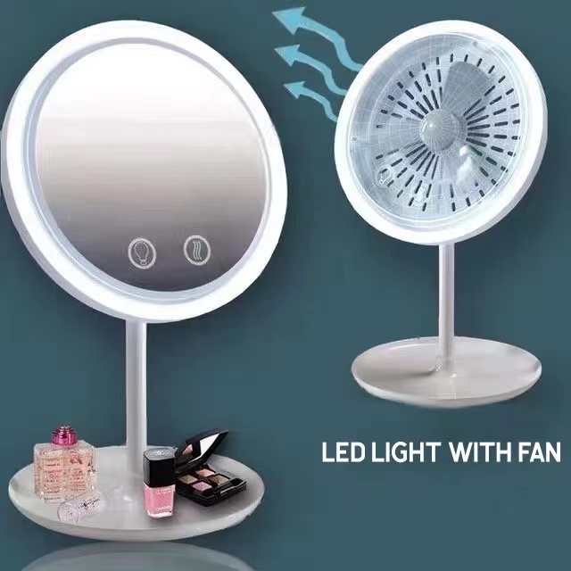 3 in 1 LED Dimmable Makeup Mirror With Fan USB Charging Selfie Ring