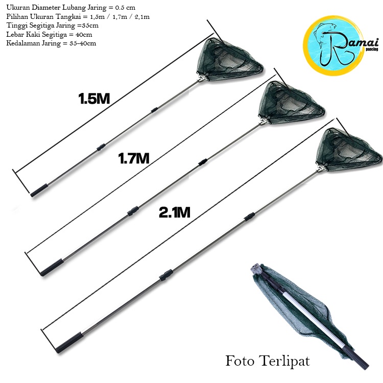 Serokan ikan Lipat Jaring Bulat dan Segitiga Telescopic Net Aluminium 1,5m 1,7m 2,1m