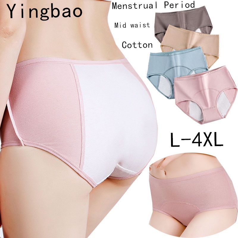 Yingbao L-4XL Menstrual Period Underwear Women Mid Waist Physiological  Cotton Ladies Leakproof Panties Briefs Plus Size Plain Color