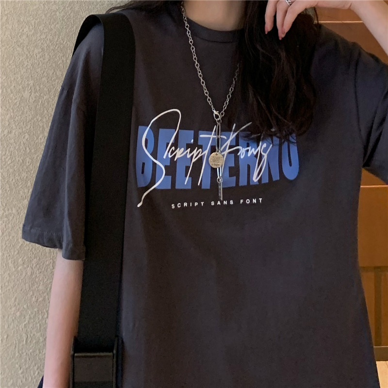 Summer Oversize Loose Women's T-shirt Letter Print 2023 New Round Neck Fashion Short Sleeve Korean Student Female Clothing Tops Baju